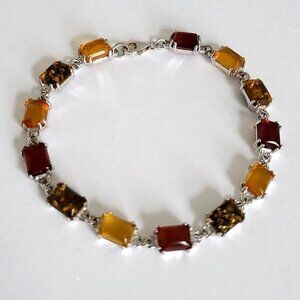 Vintage Sterling Silver Boho Multi Coloured Baltic Amber Chain Tennis Bracelet